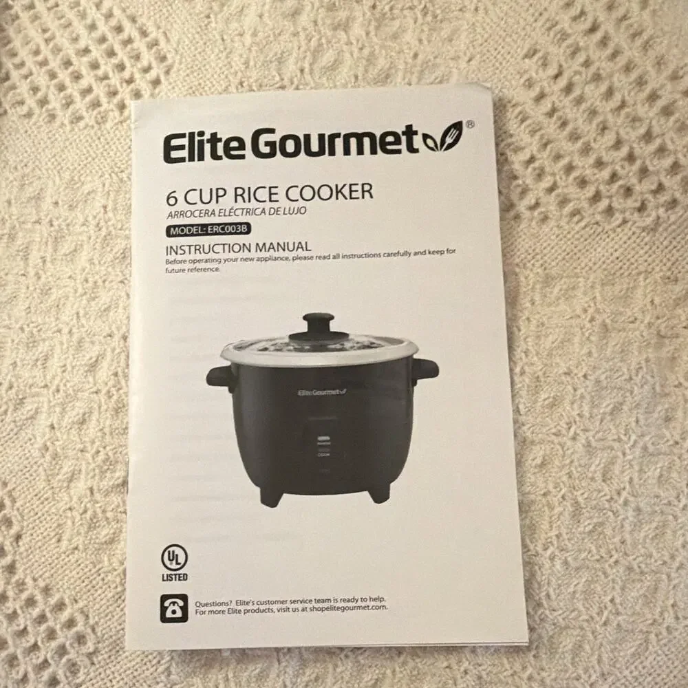 6 Cup Electric Rice Cooker ERC003B 300W Black w/ Glass Lid Elite Gourmet